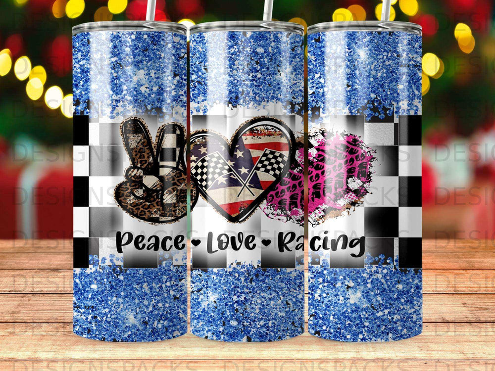 Peace Love Racing tumbler with checkered flag heart and glitter design.