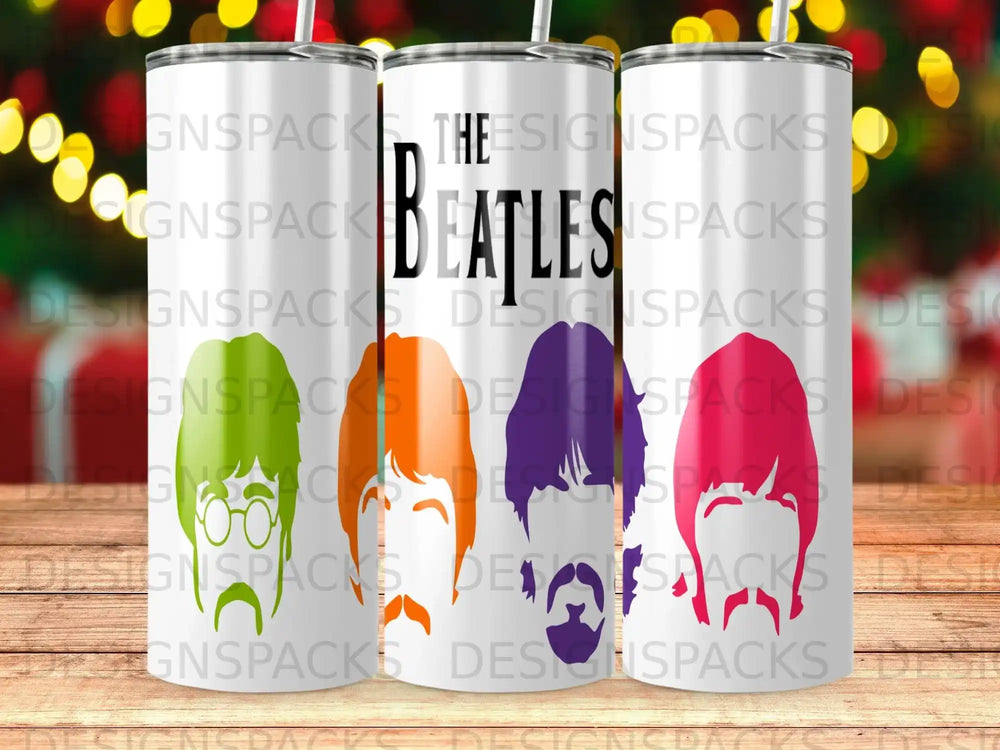 Beatles logo on a gradient tumbler.
