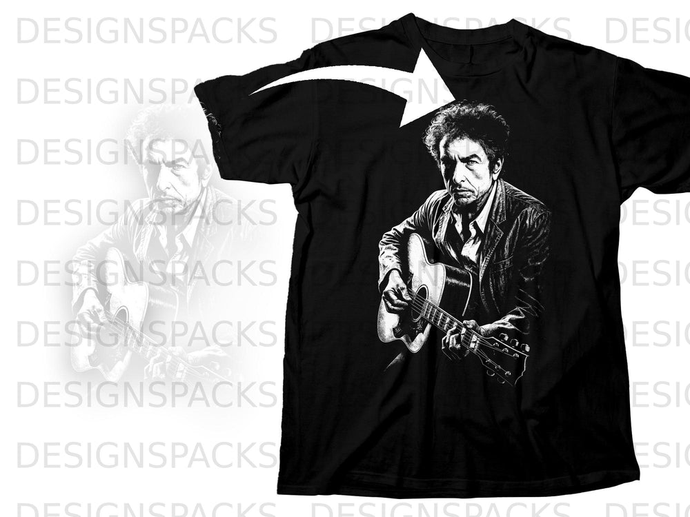 Black t-shirt with a black and white graphic of Bob Dylan playing an acoustic guitar.