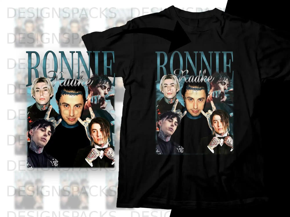 Ronnie Radke graphic on a black t-shirt with collage of photos.