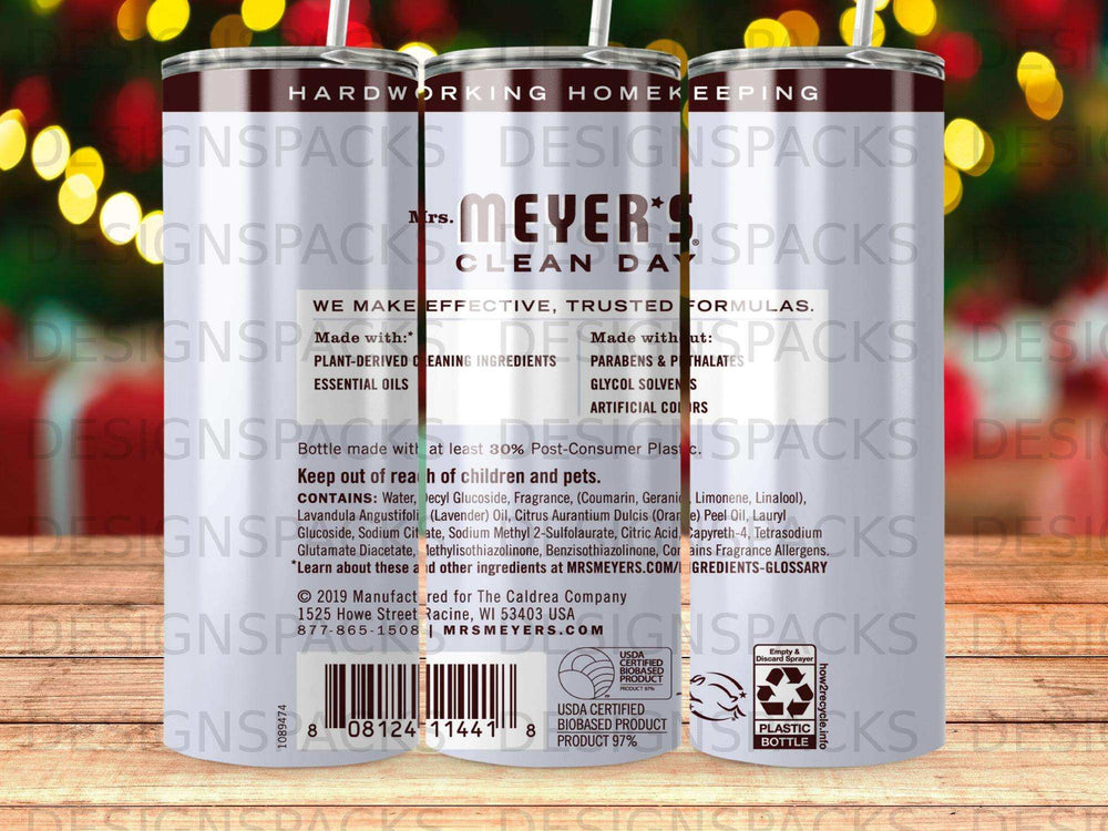 Mrs. Meyer's Clean Day lavender hand soap bottle with product details.