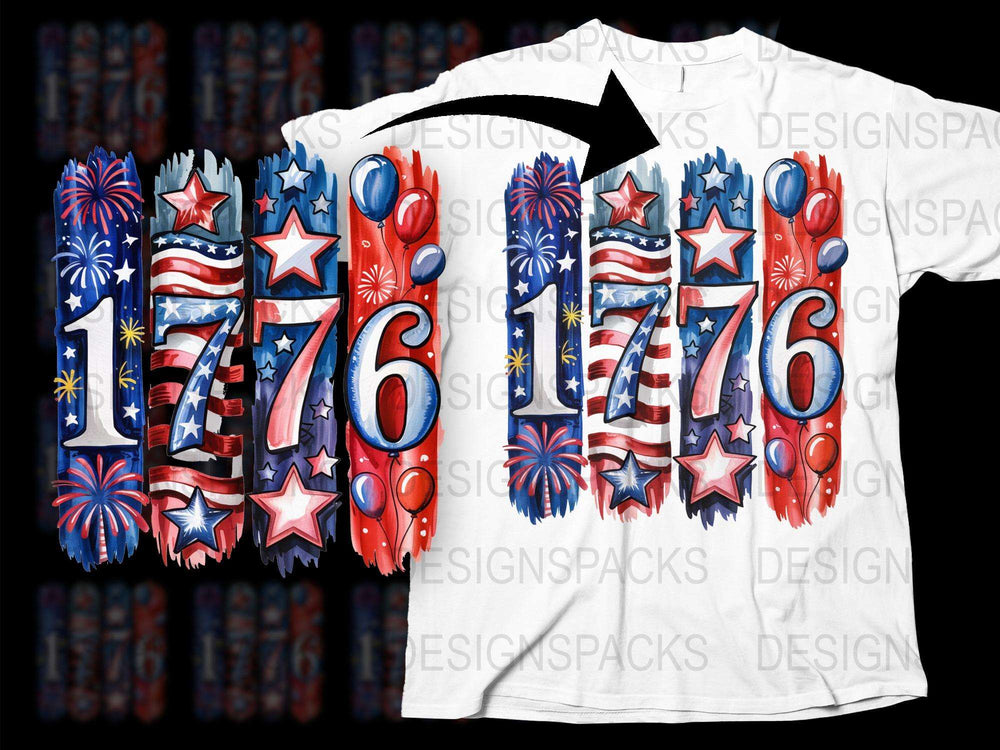 Patriotic 1776 T-Shirt, American Independence Day Fireworks Design, Red White Blue Stars and Stripes Tee