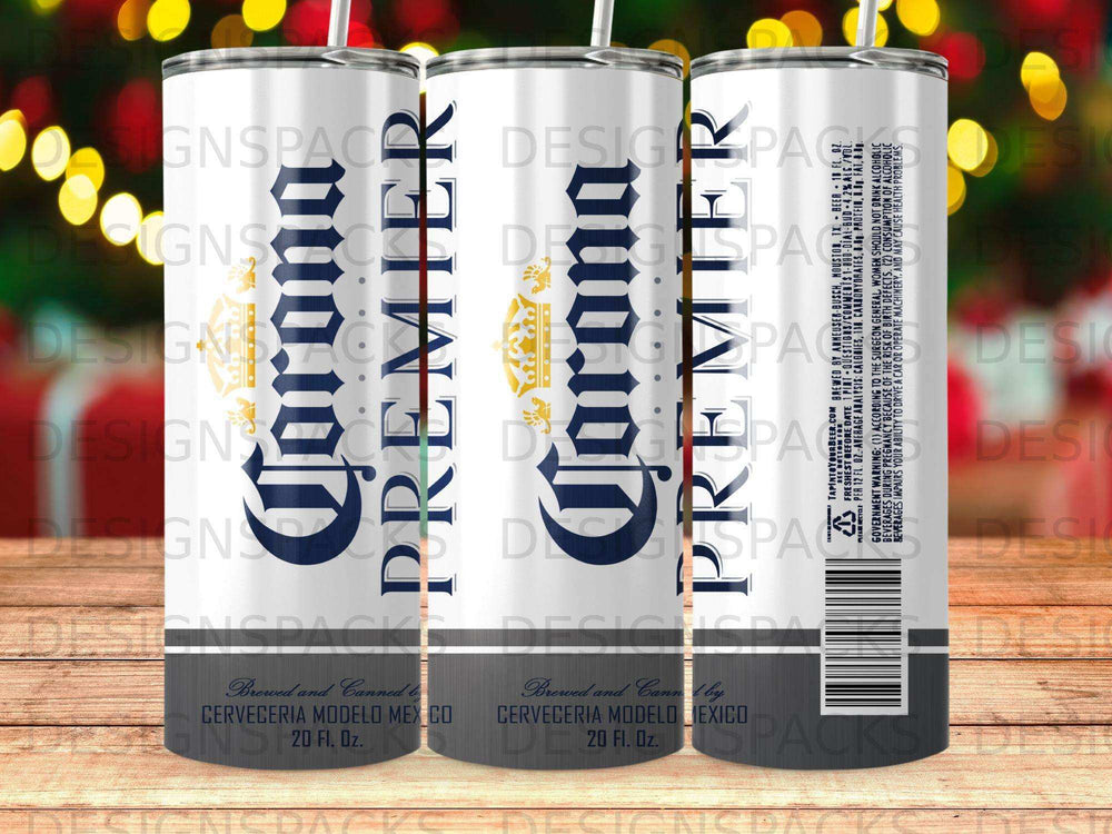Corona Premier 20 fl. oz. canned beverage with text and warnings.