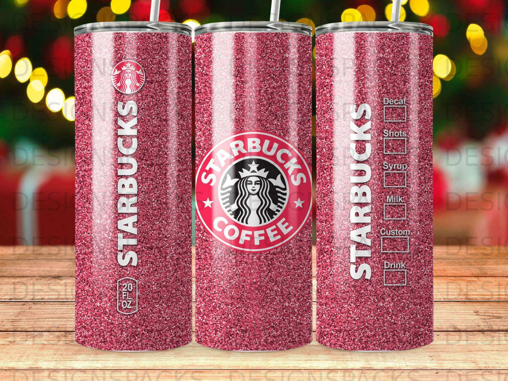 Glittery Starbucks tumbler with logo and drink options.