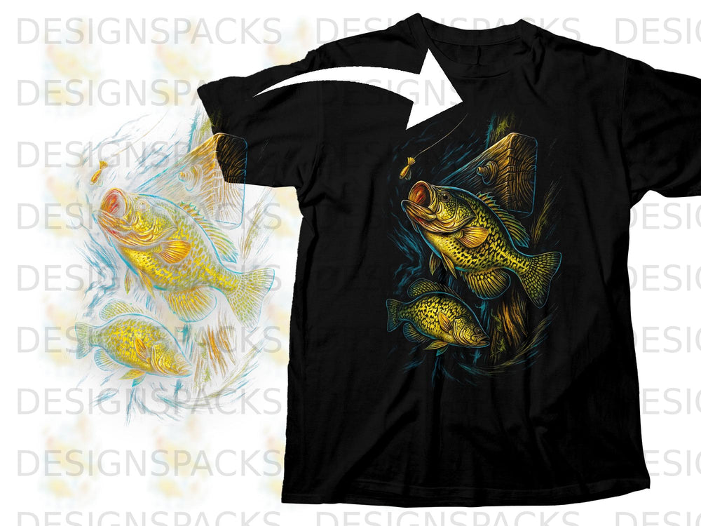 Black t-shirt with a graphic of three crappie fish with a fishing lure.