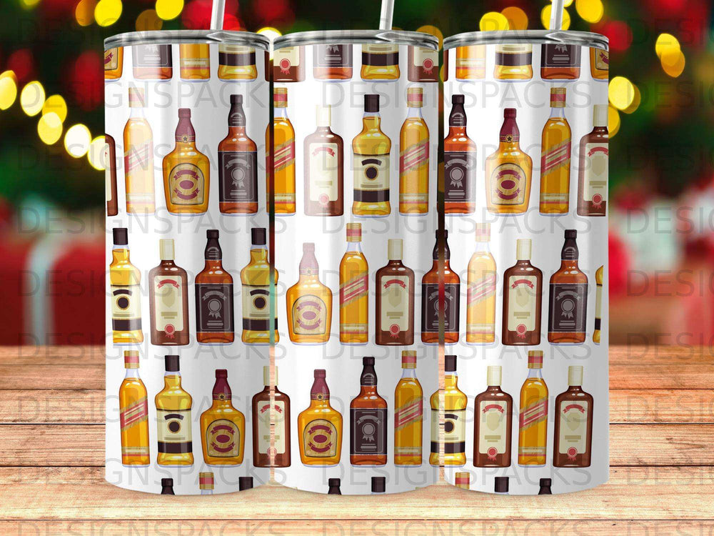 Bottles of various liquors with labels against a blurred bokeh background.