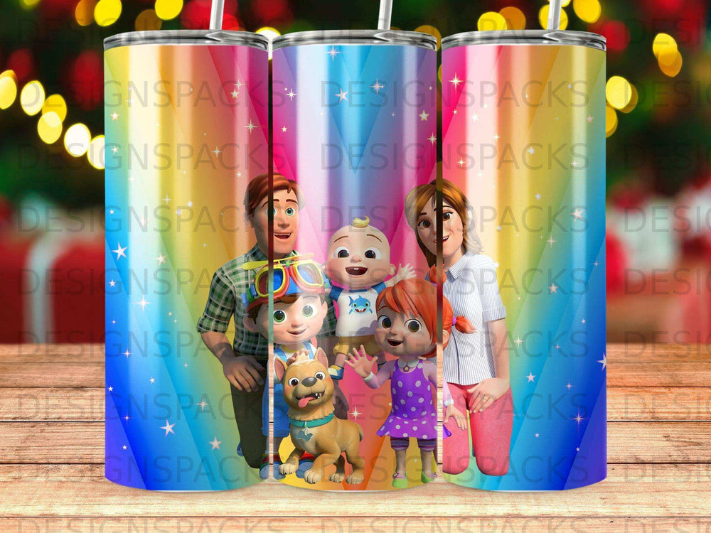 CoComelon characters and dog on a rainbow tie-dye background tumbler.