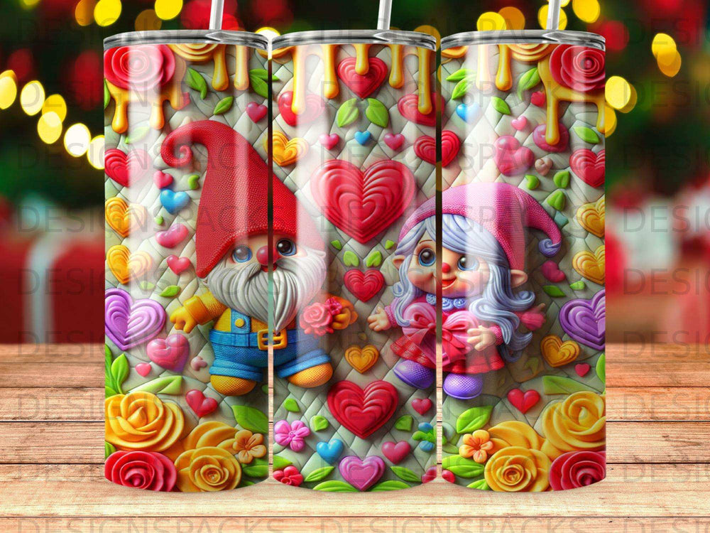 Valentine gnome couple surrounded by hearts and roses.