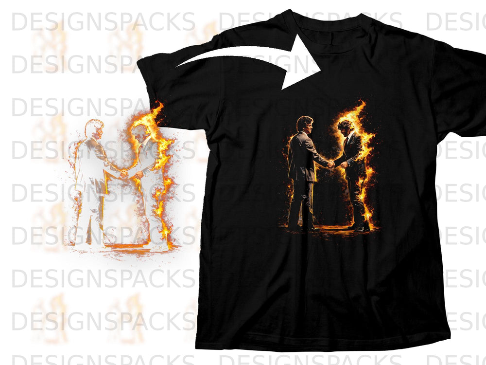 Black t-shirt with graphic of two men shaking hands surrounded by fire.