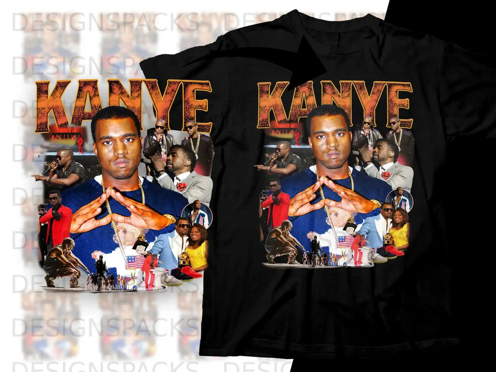 Kanye West collage graphic on a black t-shirt.