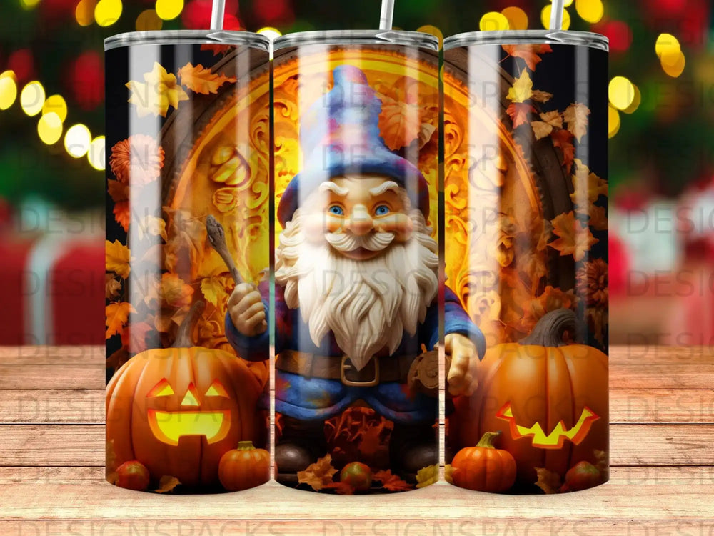 Gnome holding a broomstick with pumpkins and fall leaves.