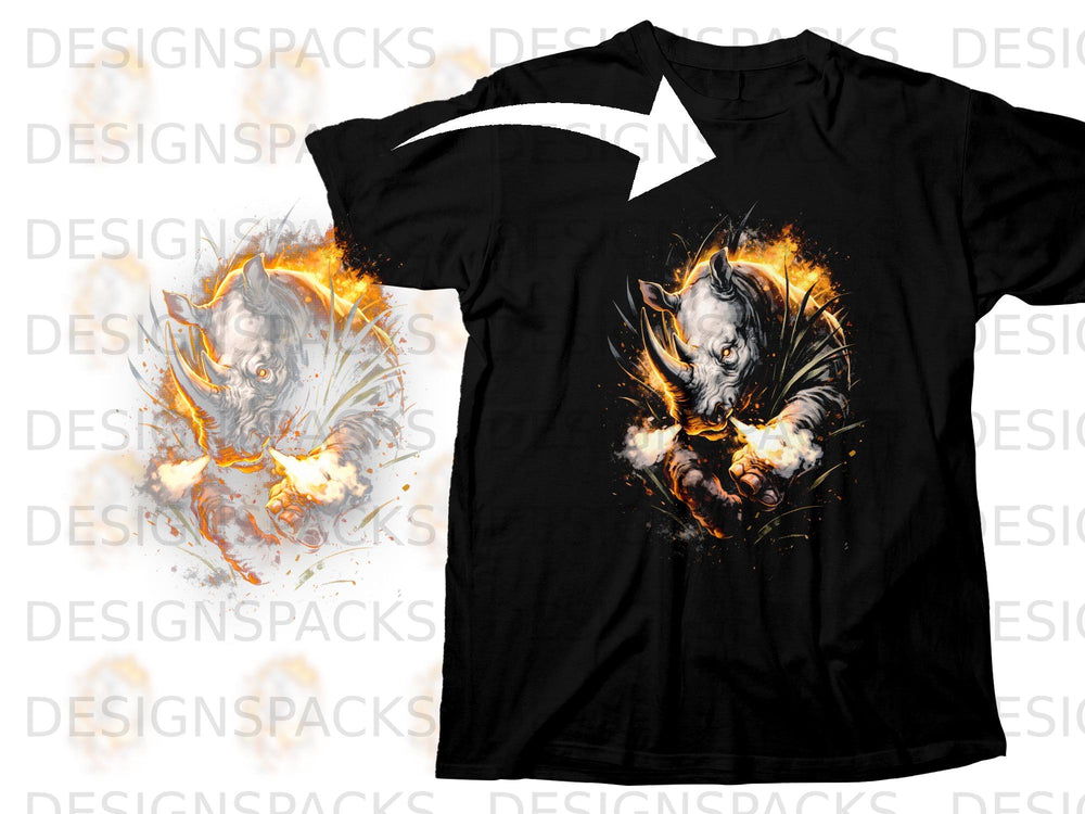 Black t-shirt featuring a roaring rhino graphic with flames.
