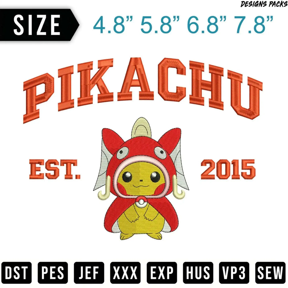 Pikachu embroidery design pack with sizes and file formats.