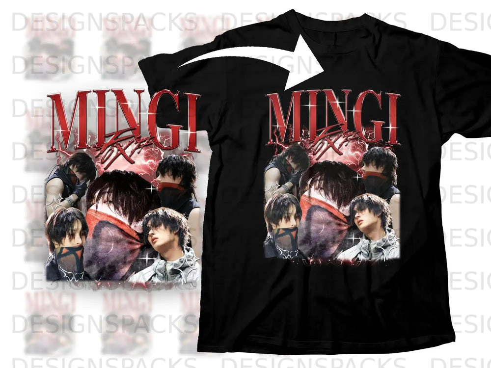 Black t-shirt featuring collage of Mingi with red lightning background.