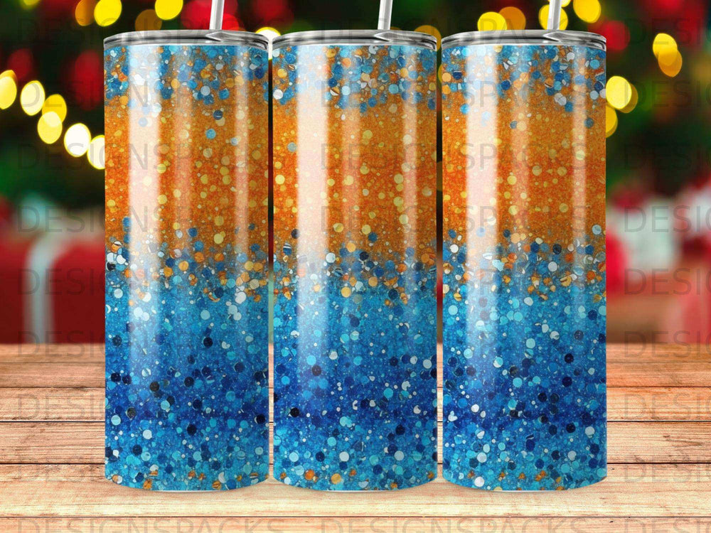 Tumbler with a blue and orange glitter gradient design.
