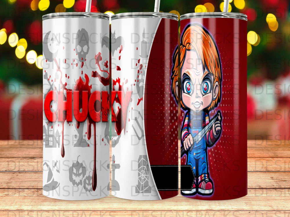 Chucky doll with knife on a bloody background and a "Chucky" logo.