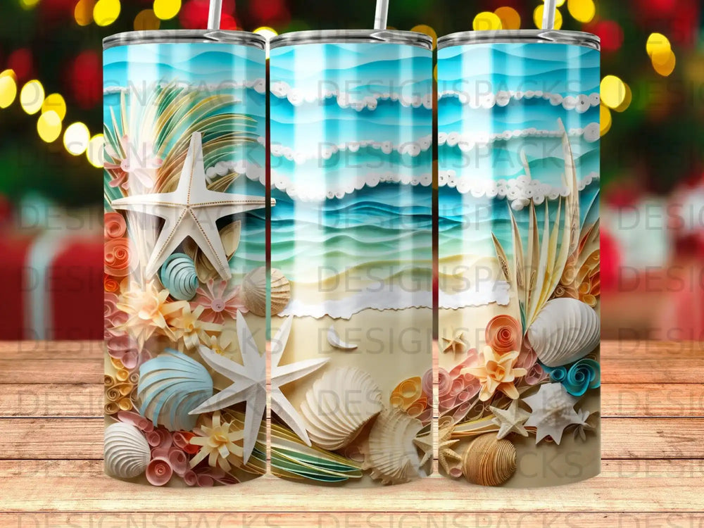 Beach scene with seashells, starfish, and ocean waves on a tumbler.
