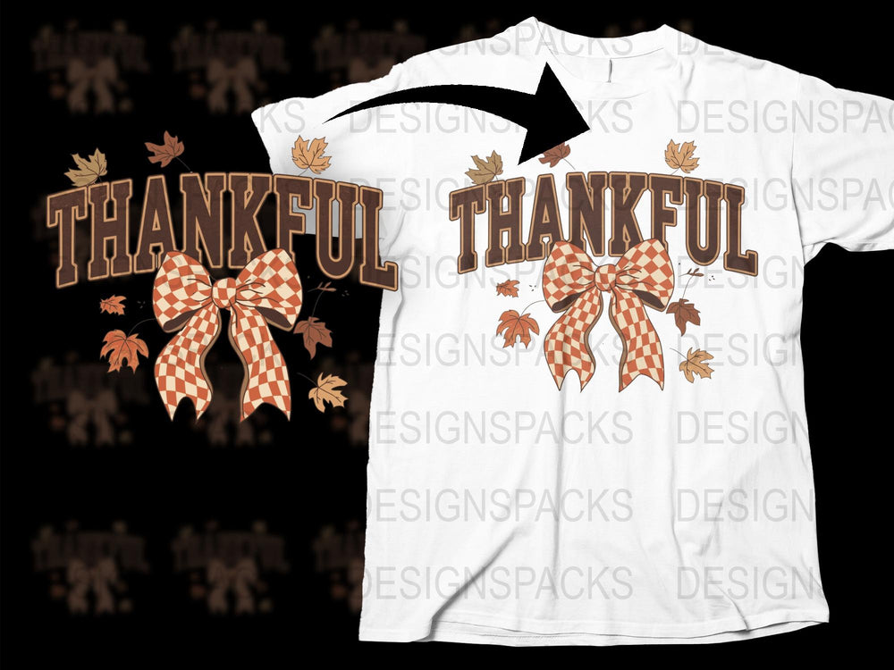 Thankful Fall T-Shirt with Leaf and Buffalo Plaid Bow Design, Autumn Fashion Top, Thanksgiving Shirt, Unisex Tee