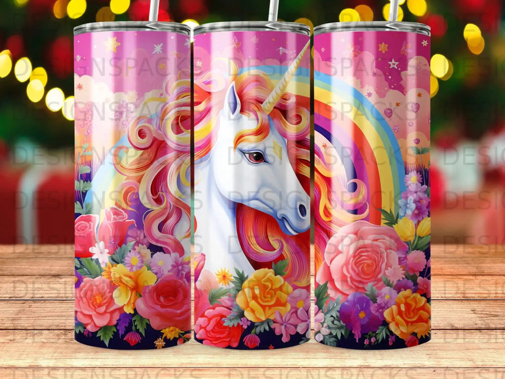 Unicorn with rainbow mane surrounded by colorful flowers.