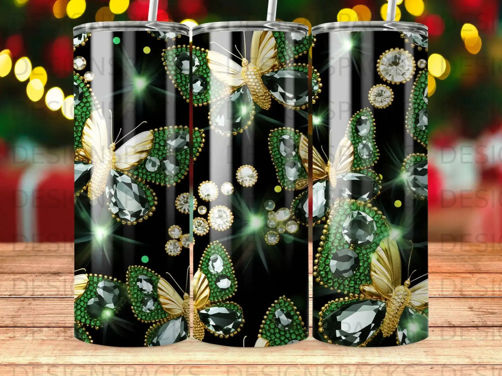 Green and gold butterflies with gems on black tumbler.