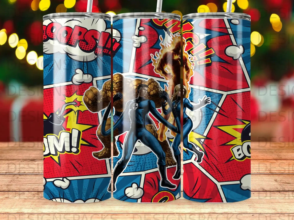Fantastic Four superheroes in action against a comic book background with "POW!" and "BOOM!".