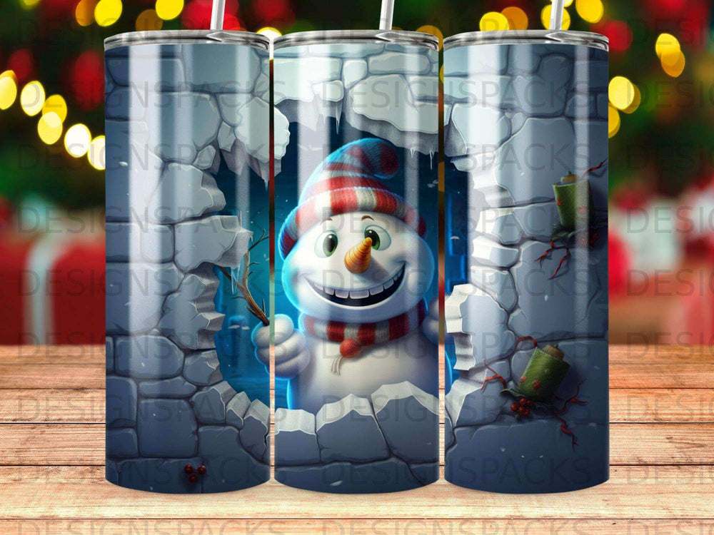 Snowman with red and blue striped hat breaks through cracked stone wall.