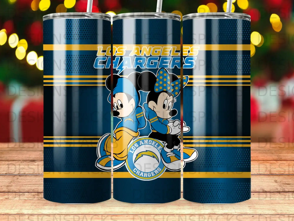 Los Angeles Chargers logo with Mickey and Minnie Mouse.