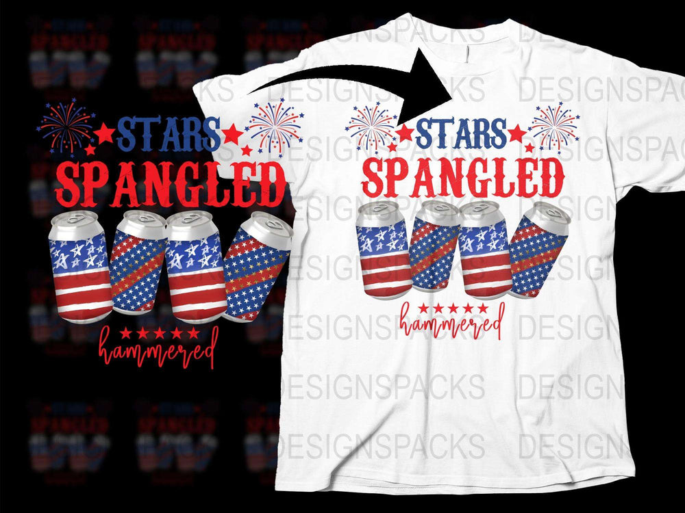 Patriotic T-Shirt 4th of July Stars Spangled Hammered Beer Cans USA Flag Tee