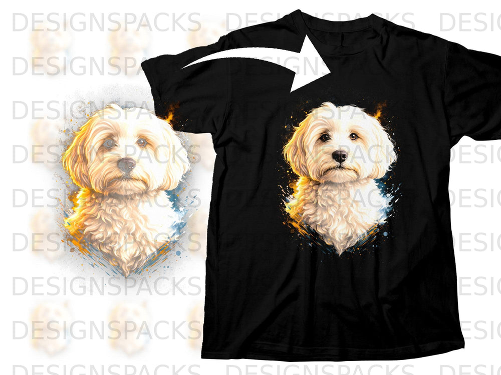 Black t-shirt with a golden doodle dog watercolor graphic and abstract splashes.