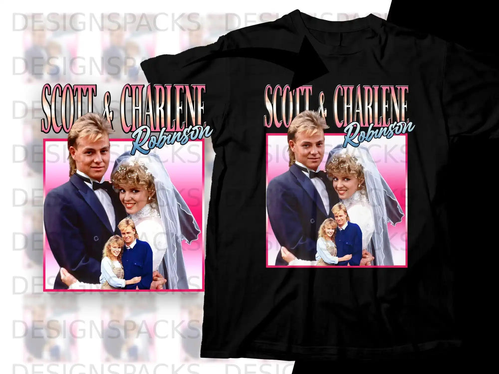 Scott and Charlene wedding photo on black t-shirt.