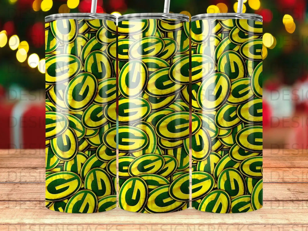 Green Bay Packers logo pattern on three tumblers.