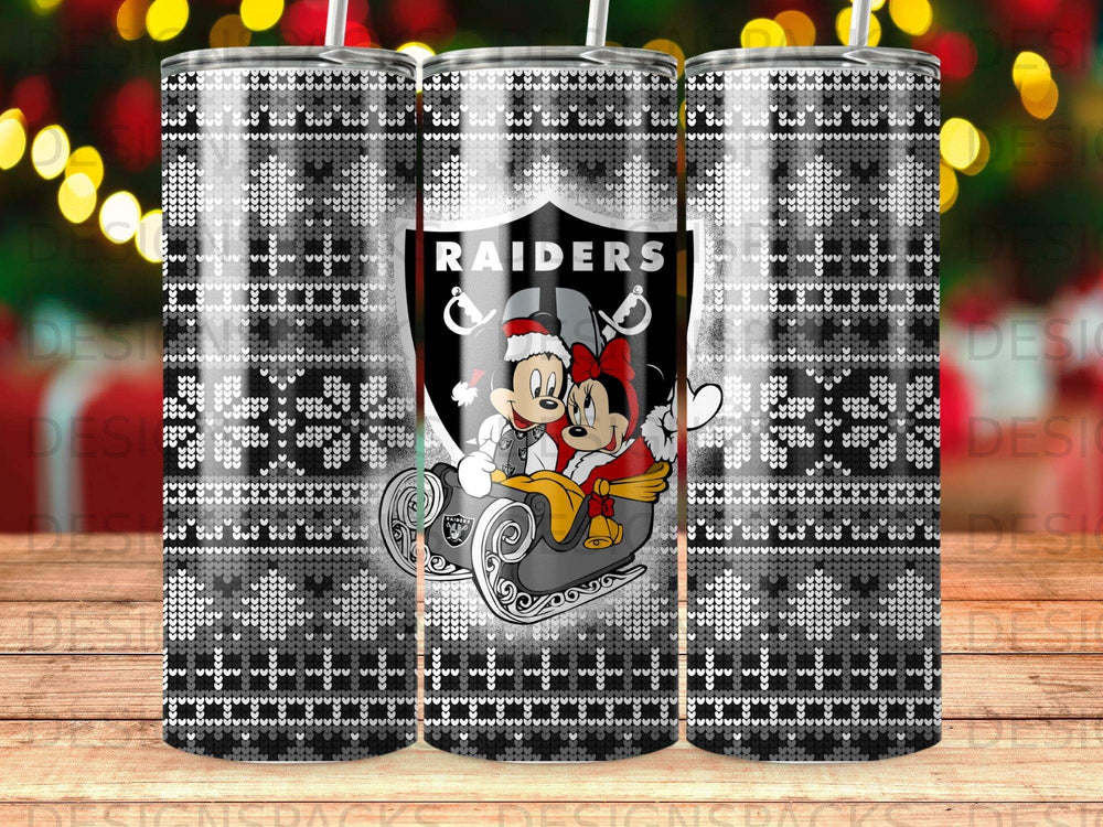 Raiders logo with Mickey and Minnie Mouse in a sleigh on a festive background.