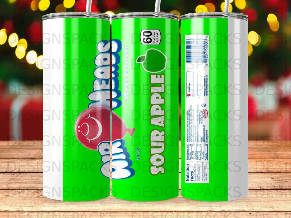Airheads Sour Apple candy tumbler with nutrition facts and logo.
