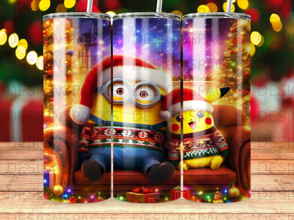 Minions in Christmas sweaters with Santa hats sitting on a couch.