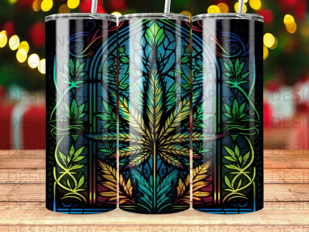 Stained glass tumbler with cannabis leaf design.