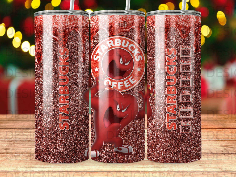 Starbucks tumbler with red glitter, Starbucks logo, and coffee drink options.