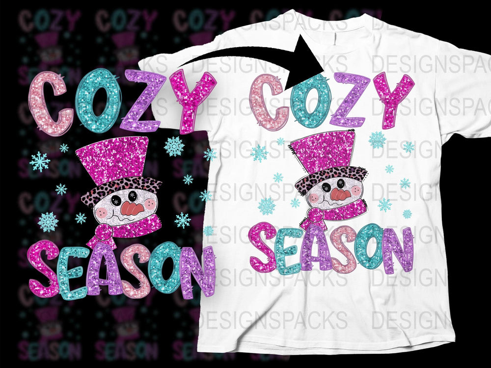Cozy Season T-Shirt with Glitter Letters and Cartoon Snowman, Winter Fashion Top for Women and Teens
