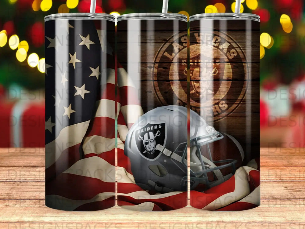 Las Vegas Raiders helmet and American flag design on a tumbler.