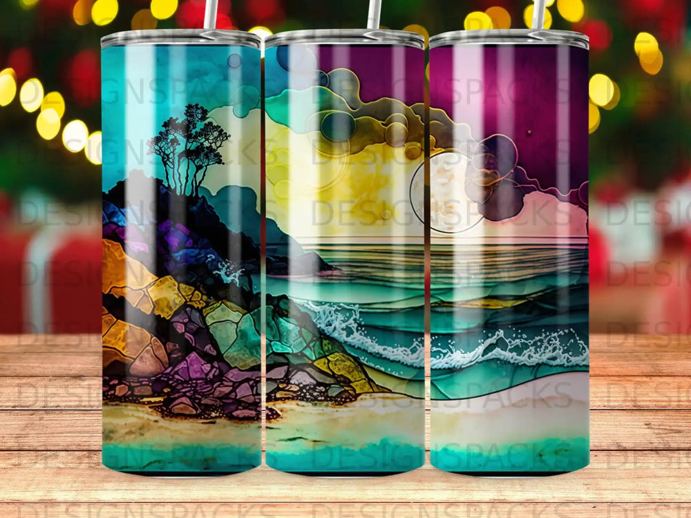 Ocean waves crash on a rocky shore beneath a vibrant, abstract sunset.