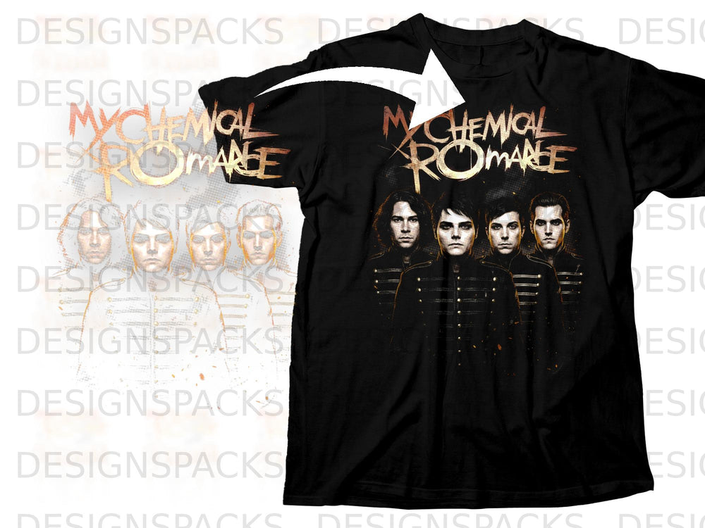 Black t-shirt with My Chemical Romance logo and band members graphic.
