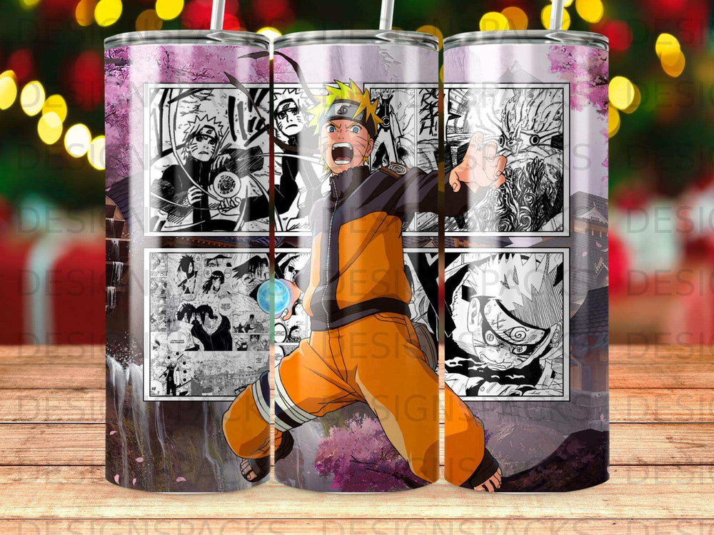 Naruto Uzumaki in action on a manga panel tumbler with cherry blossoms.