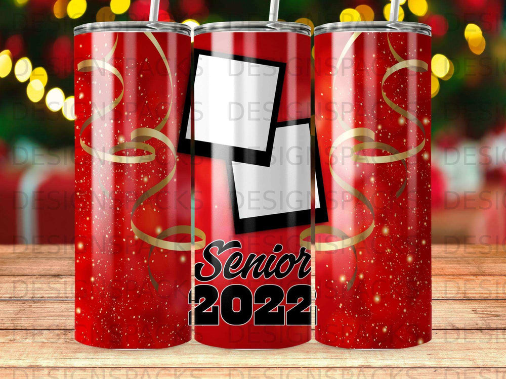 Senior 2022 tumbler with festive red glitter and gold ribbons.