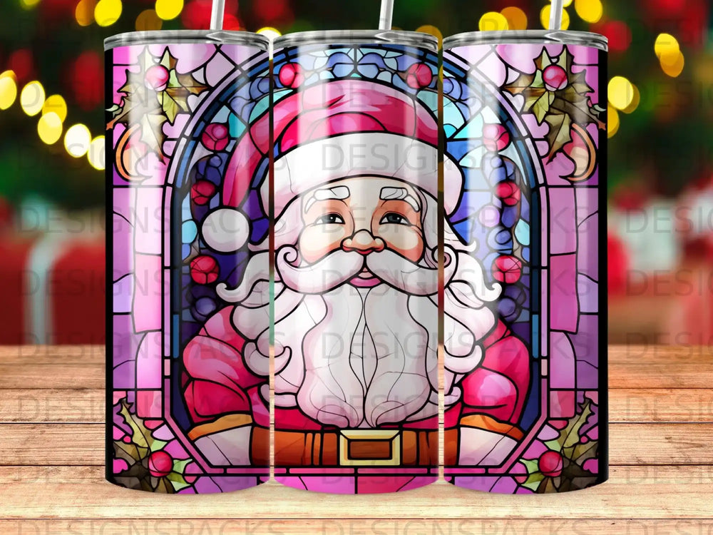 Stained glass Santa Claus portrait with berry and leaf accents.