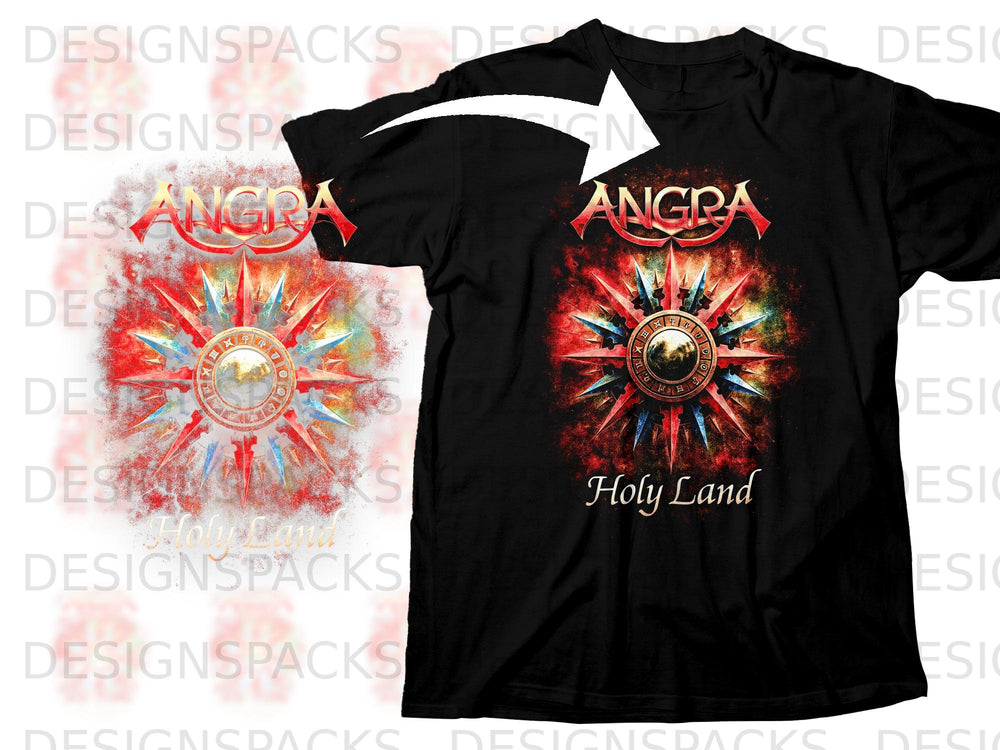 Black t-shirt with Angra band logo and Holy Land text over a sunburst design.