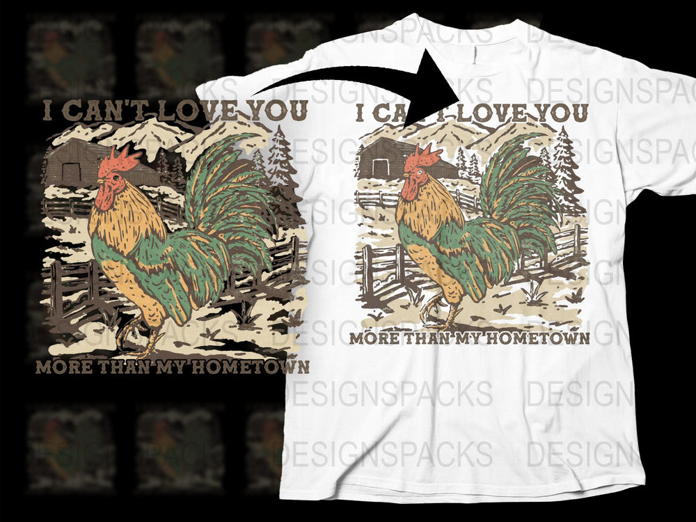 Rustic Farmhouse Rooster T-Shirt, I Can't Love You More Than My Hometown Graphic Tee, Country Style Casual Wear