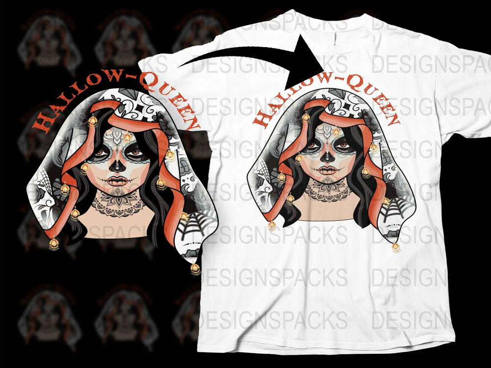 Halloween Queen T-Shirt, Gothic Skull Makeup, Women's Horror Graphic Tee, Spooky Costume Top
