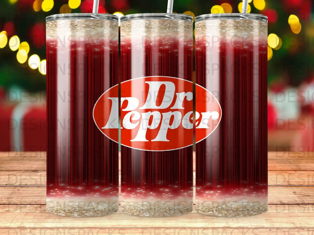 Dr Pepper logo on a red striped tumbler with two straws.