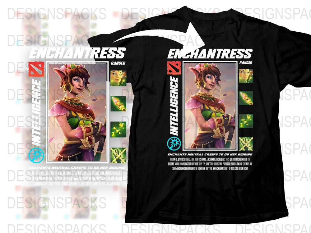 Enchantress Graphic T-Shirt, Dota 2 Inspired Hero Design, Black Game Character Tee, Gamer Apparel