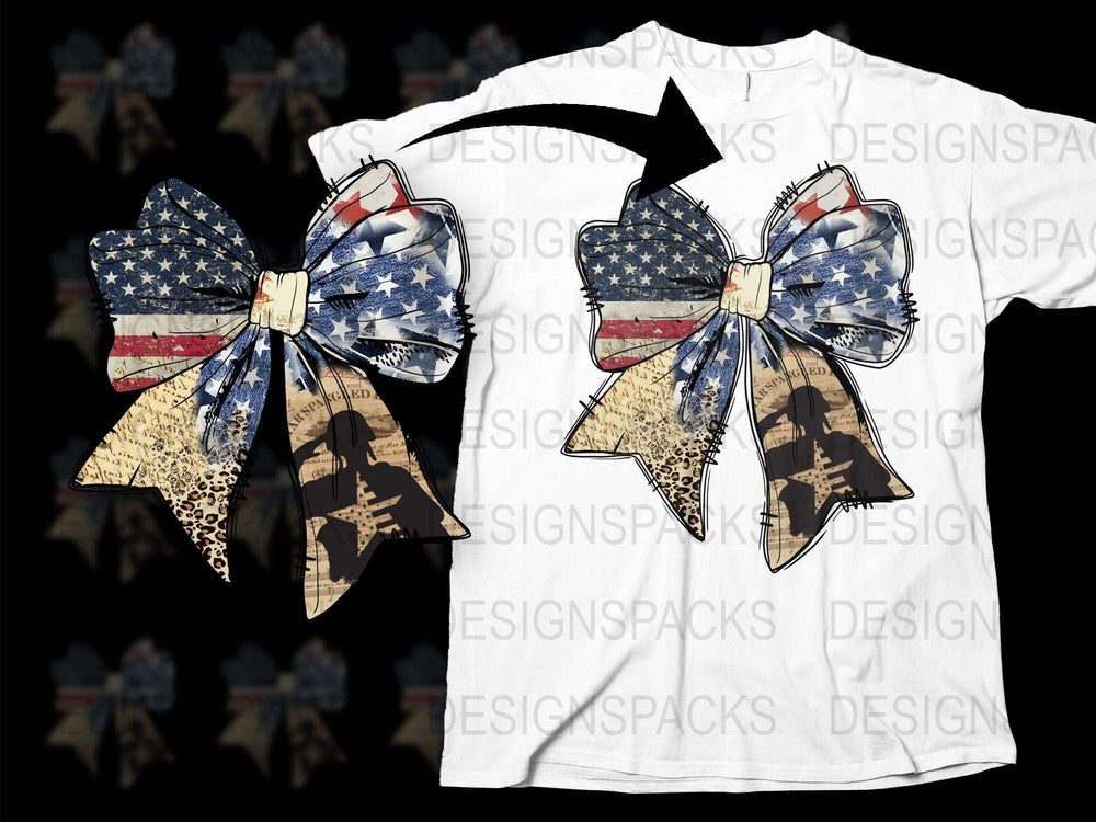 Patriotic American Flag Bow T-Shirt, Red White Blue Stars Stripes, Summer Independence Day Top, Casual Unisex USA Tee