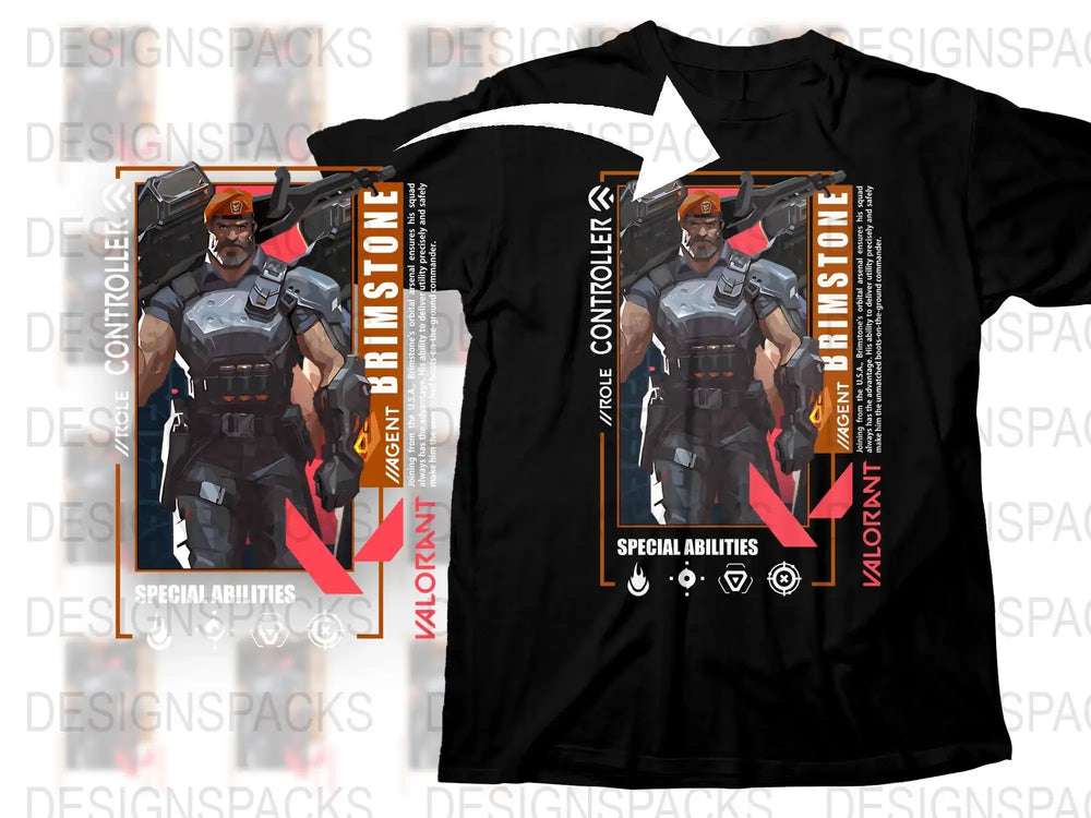 Valorant Brimstone T-Shirt, Video Game Agent Graphic Tee, Men's Black Cotton Shirt with Character Art